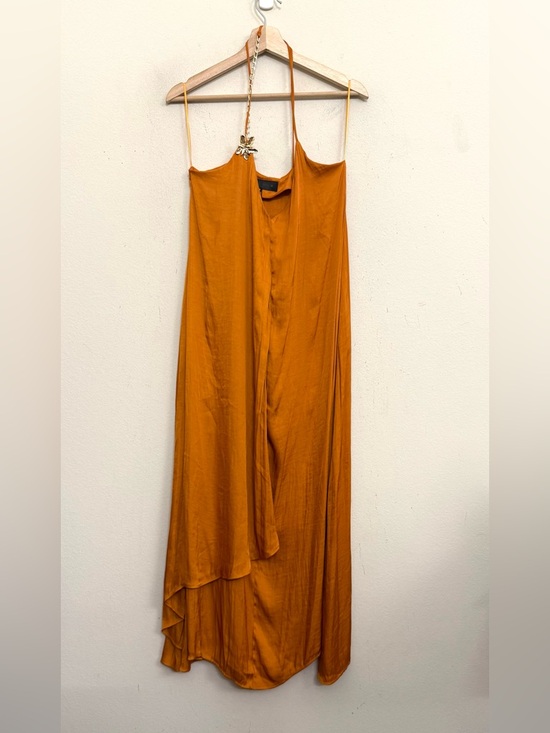 NWT Zara Satin Effect Midi Dress with Gold floral appliqué in Burnt Orange Sz M - Picture 6 of 16